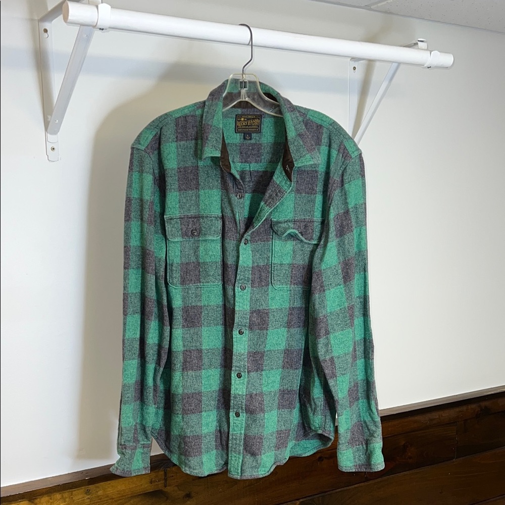 Lucky Brand Green and Charcoal Plaid Button Down Saturday Stretch Shirt- L